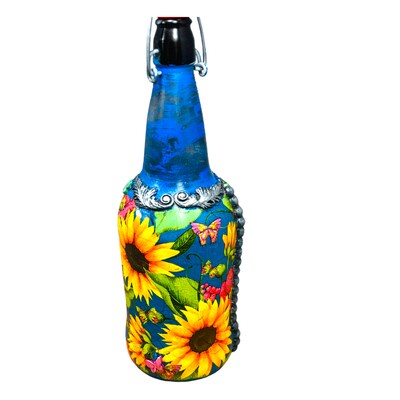 Hand Painted Decoupaged and Molded Clay Grolsch Style Glass Bottle Poppy and Sunflowers 12 in x 4 in - image1